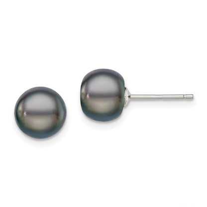 Sterlingsilber Rhodiniert 8-9mm Schwarz Fw Zucht Knopf Perle Ohrstecker Ohrring