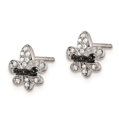 Sterlingsilber Weiß Nacht Rhodiniert Schwarz und Diamant Fleur De Lis Ohrstecker