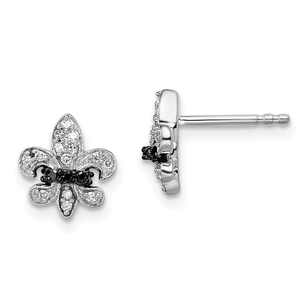 Sterlingsilber Weiß Nacht Rhodiniert Schwarz und Diamant Fleur De Lis Ohrstecker
