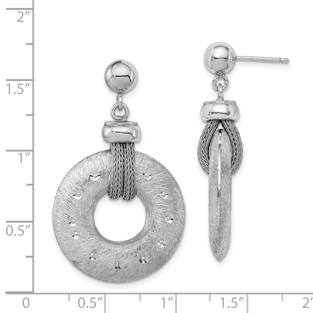 Sterlingsilber Rhodiniert Poliert Gebürstet & Diamantiert Kreis Stecker Hängend Earri