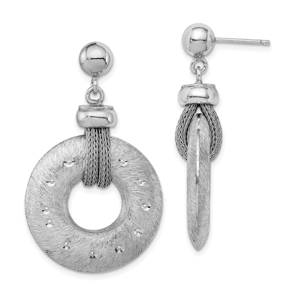 Sterlingsilber Rhodiniert Poliert Gebürstet & Diamantiert Kreis Stecker Hängend Earri