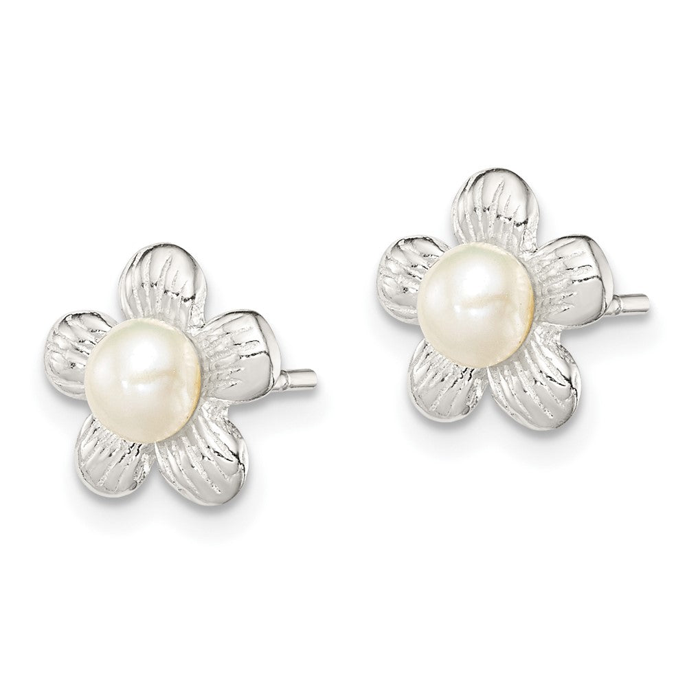 Sterlingsilber Poliert & Strukturiert Sim. Perle Blume Ohrstecker