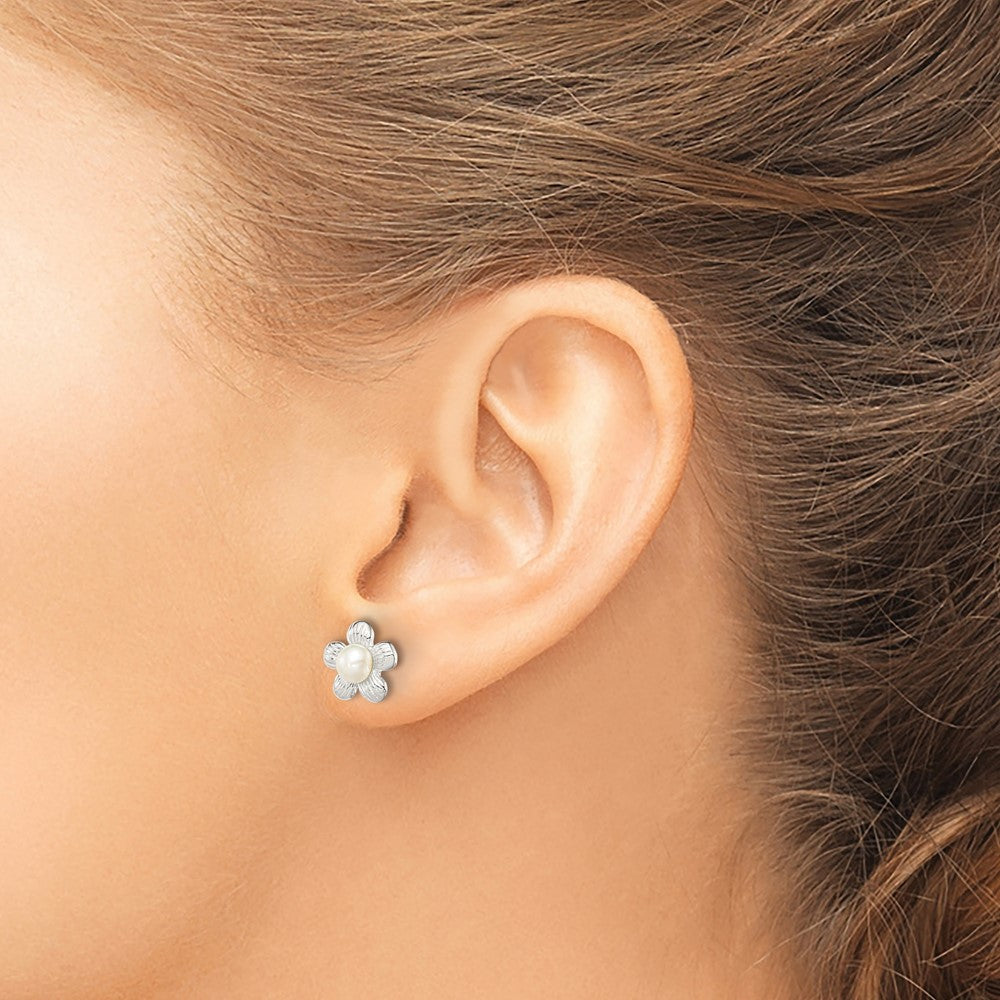 Sterlingsilber Poliert & Strukturiert Sim. Perle Blume Ohrstecker