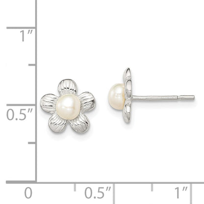 Sterlingsilber Poliert & Strukturiert Sim. Perle Blume Ohrstecker