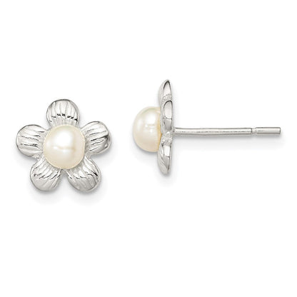Sterlingsilber Poliert & Strukturiert Sim. Perle Blume Ohrstecker
