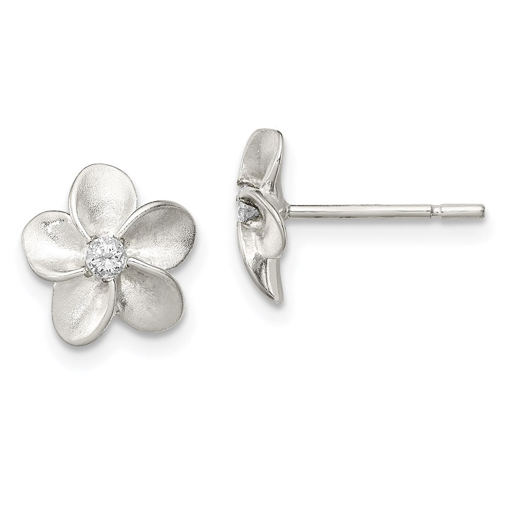 Sterlingsilber Poliert & Satiniert Zirkonia Blume Ohrstecker