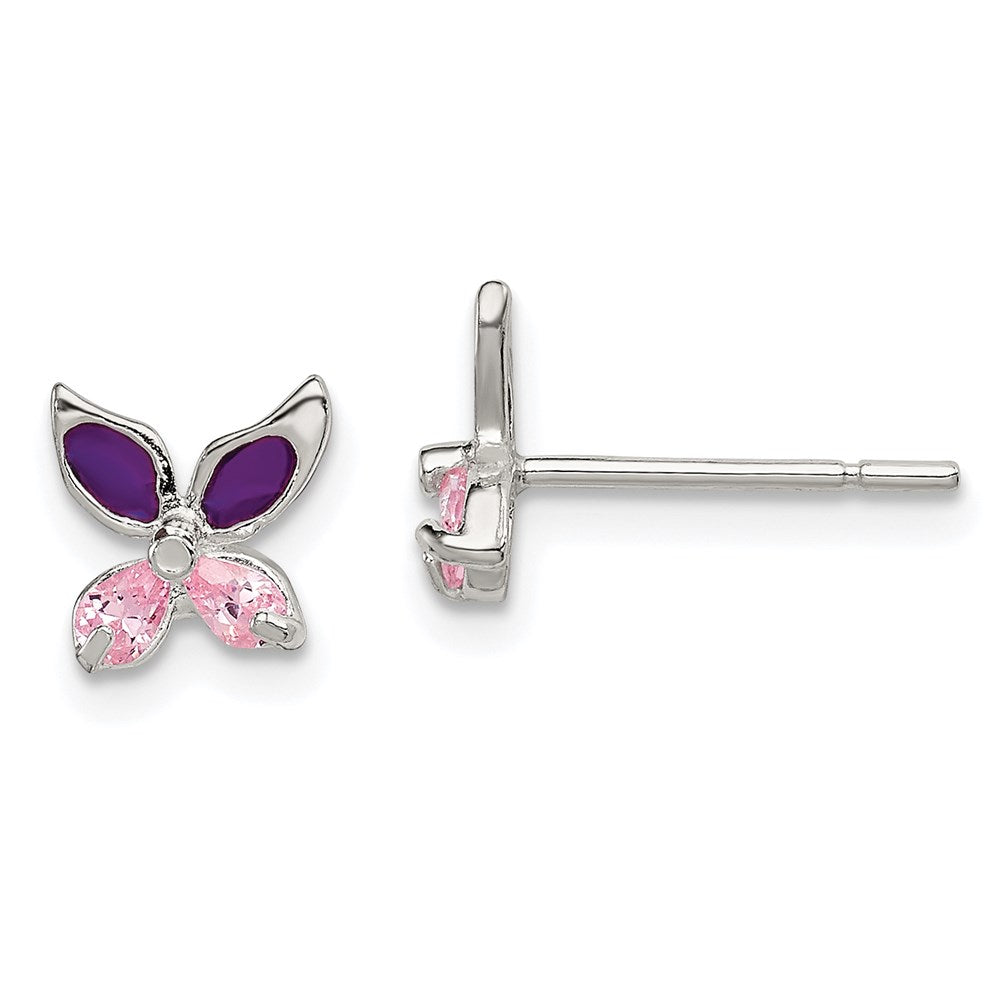 Sterlingsilber Rosa Zirkonia & Lila Emaille Schmetterling Kinder Ohrstecker