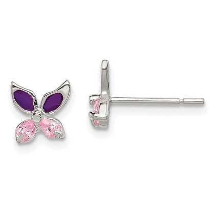 Sterlingsilber Rosa Zirkonia & Lila Emaille Schmetterling Kinder Ohrstecker