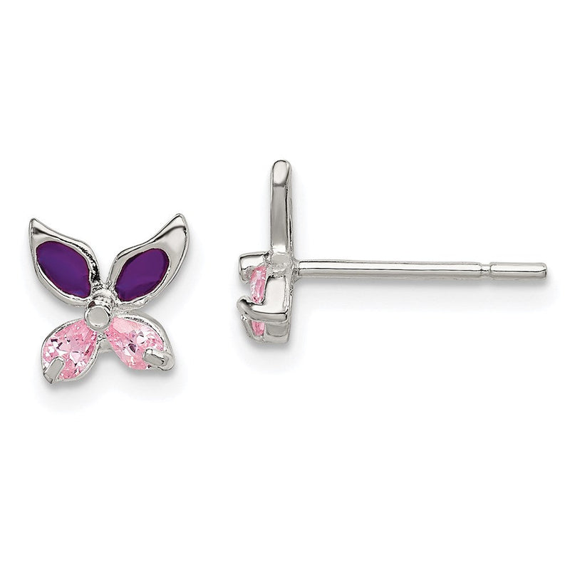 Sterlingsilber Rosa Zirkonia & Lila Emaille Schmetterling Kinder Ohrstecker