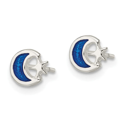 Sterlingsilber Poliert Blau Emaille Mond & Stern Kinder Ohrstecker