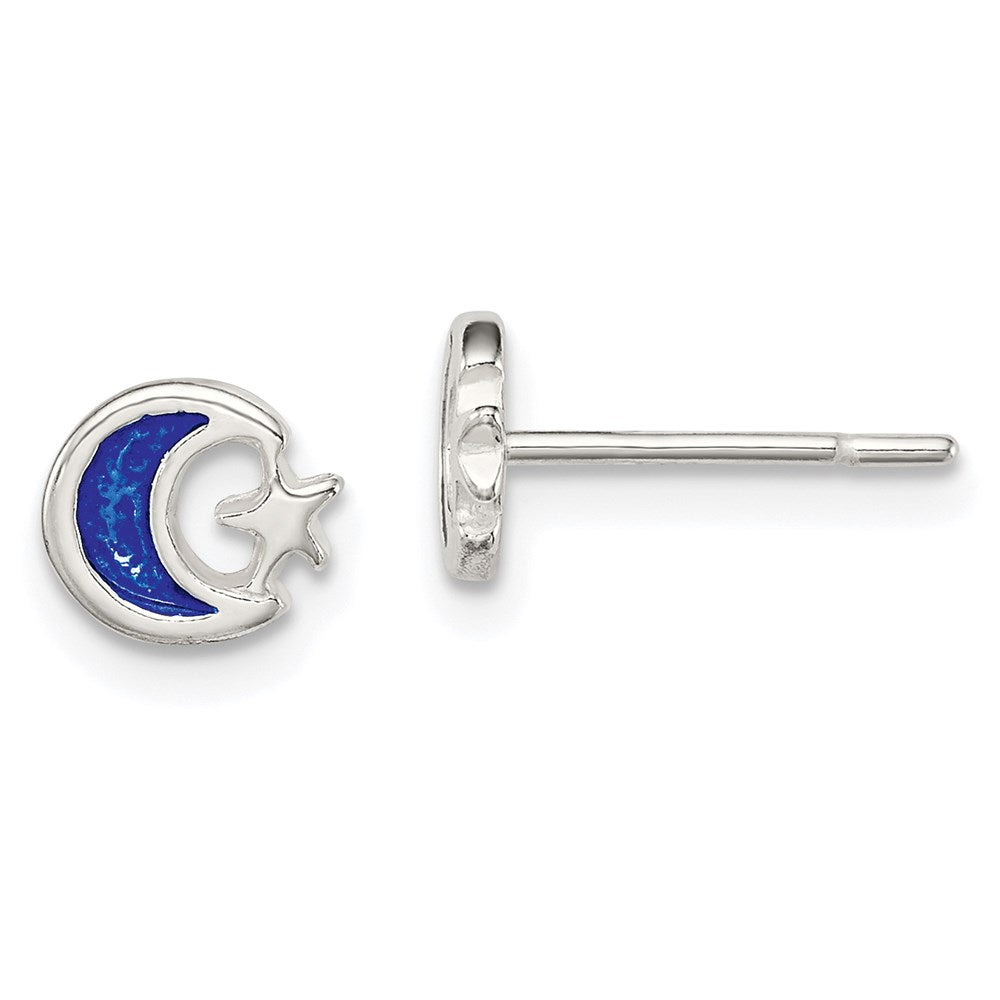 Sterlingsilber Poliert Blau Emaille Mond & Stern Kinder Ohrstecker