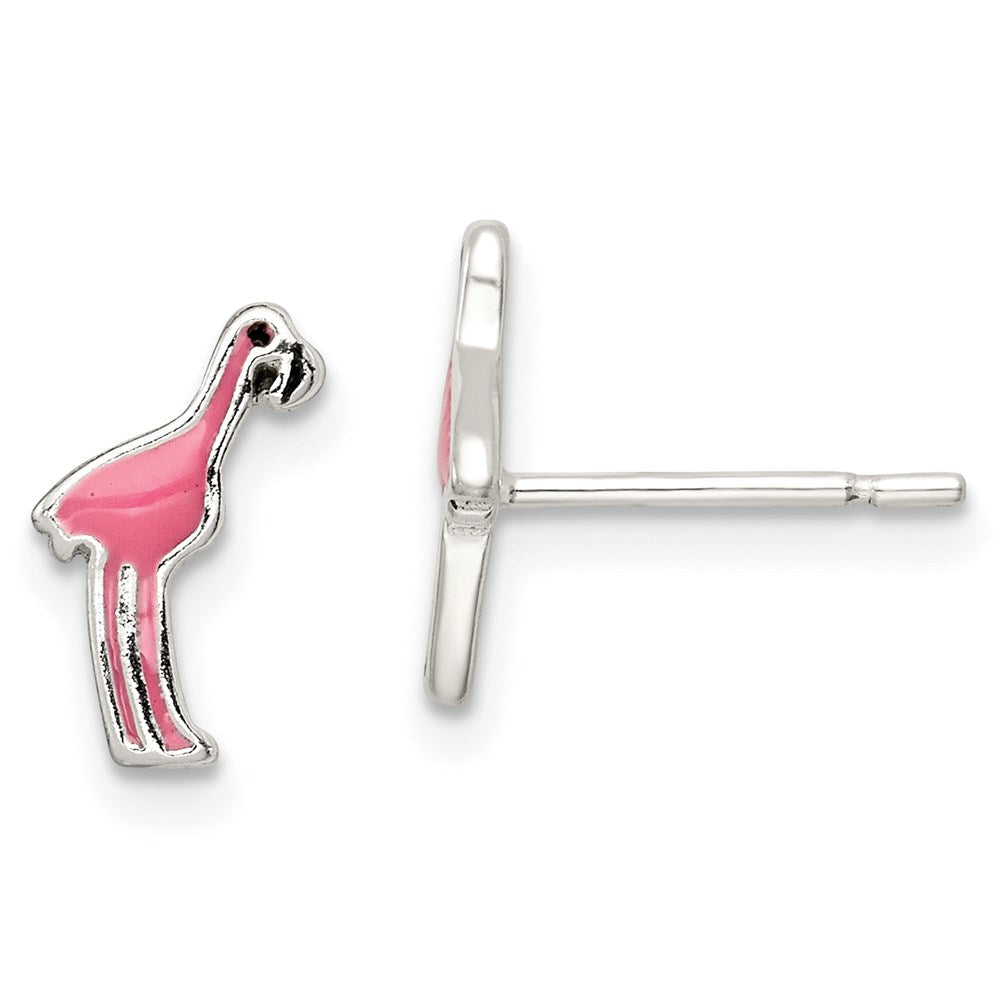 Sterlingsilber Poliert Rosa & Schwarz Emailliert Flamingo Ohrstecker