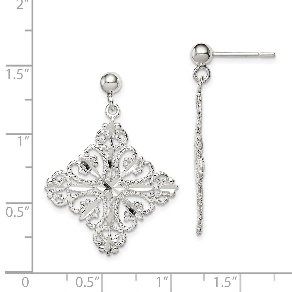 Sterlingsilber Poliert & Diamantiert Filigran Quadratisch Stecker Ohrhänger