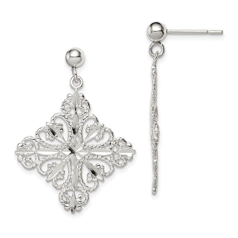 Sterlingsilber Poliert & Diamantiert Filigran Quadratisch Stecker Ohrhänger