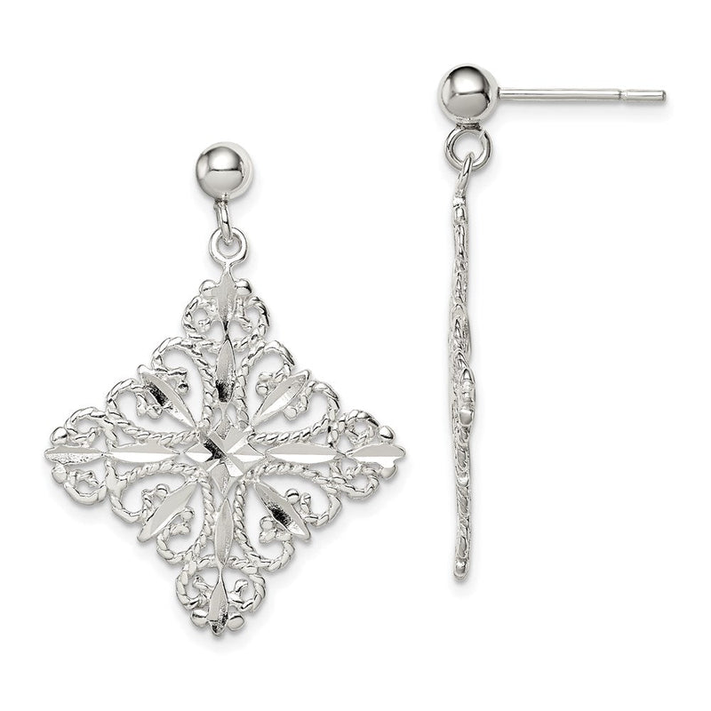Sterlingsilber Poliert & Diamantiert Filigran Quadratisch Stecker Ohrhänger