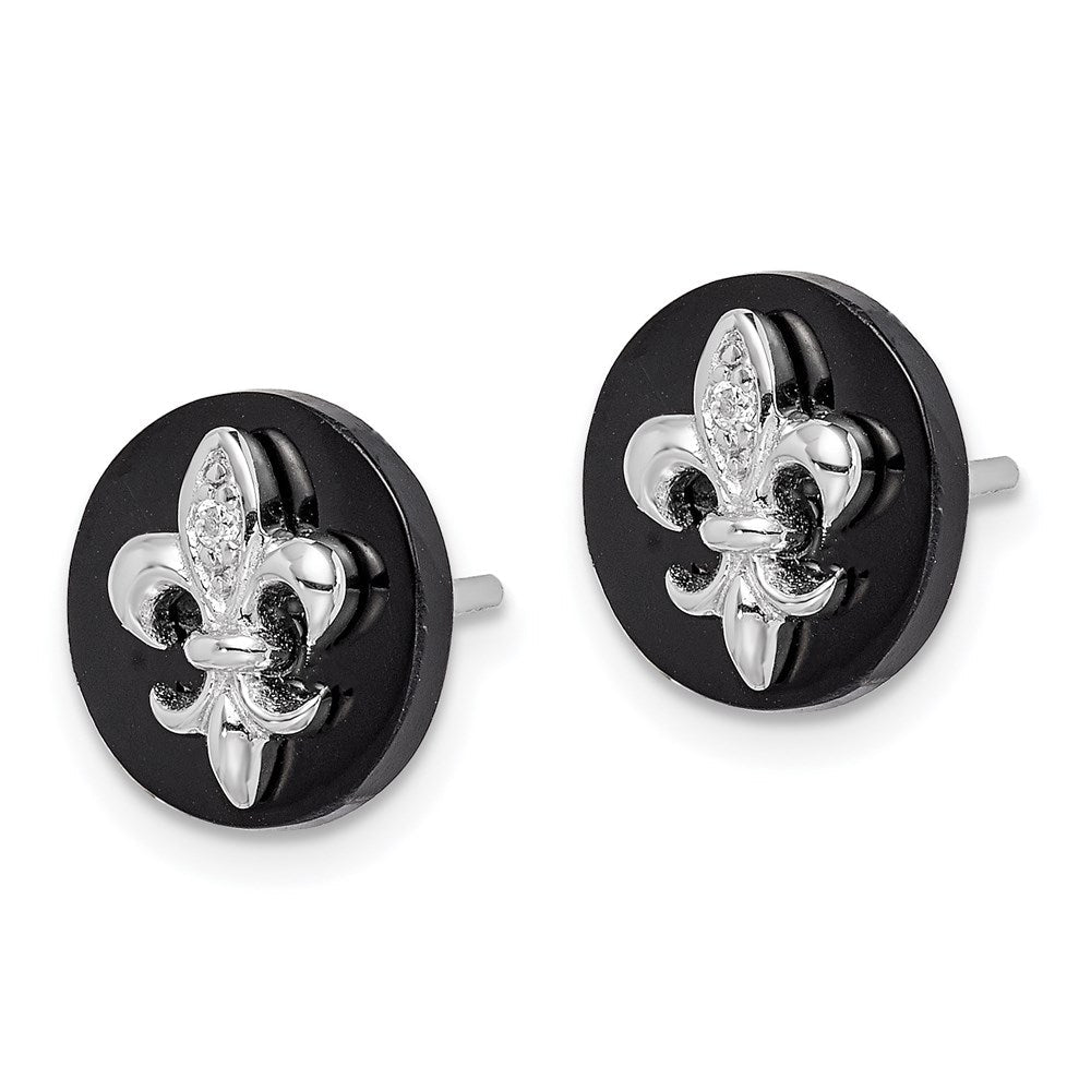 Sterlingsilber Rhodiniert Zirkonia Fleur De Lis Onyx Kreis Ohrstecker