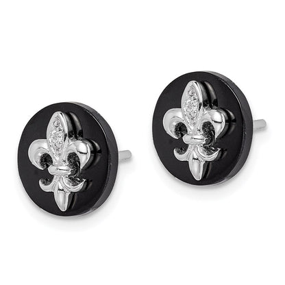 Sterlingsilber Rhodiniert Zirkonia Fleur De Lis Onyx Kreis Ohrstecker