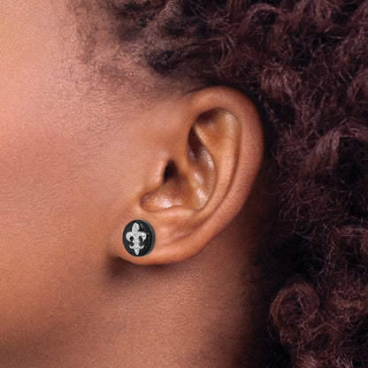 Sterlingsilber Rhodiniert Zirkonia Fleur De Lis Onyx Kreis Ohrstecker