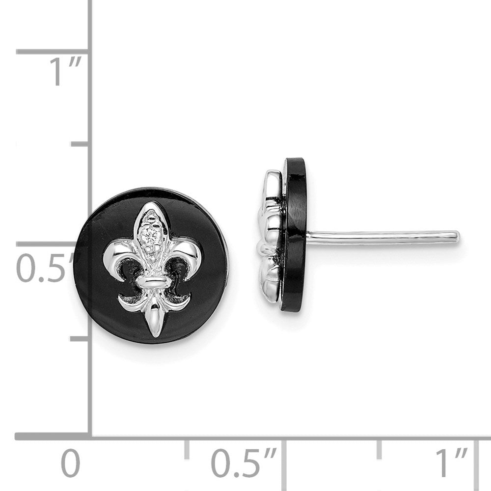 Sterlingsilber Rhodiniert Zirkonia Fleur De Lis Onyx Kreis Ohrstecker