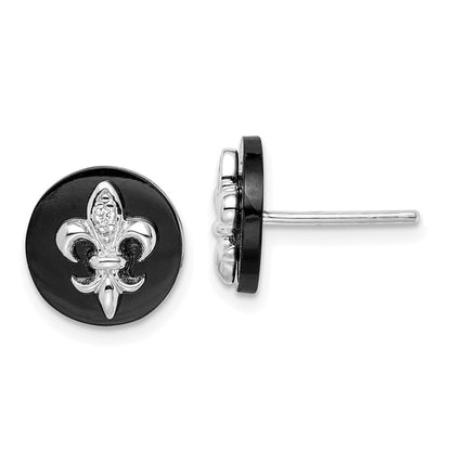 Sterlingsilber Rhodiniert Zirkonia Fleur De Lis Onyx Kreis Ohrstecker