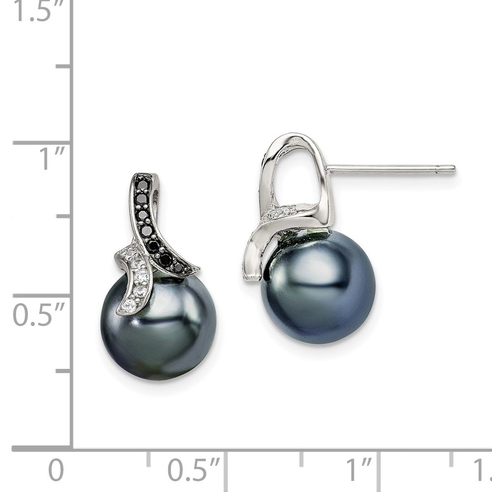 Sterlingsilber Poliert Schwarz und Weiß Zirkonia mit 9-10mm Imitat Muschel Perle Ohrstecker