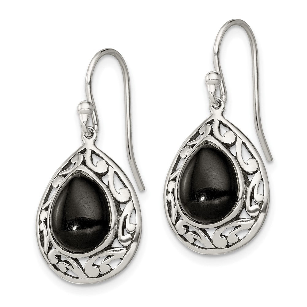 Sterlingsilber Poliert & Antikisiert Filigran Onyx Tropfen Ohrhänger