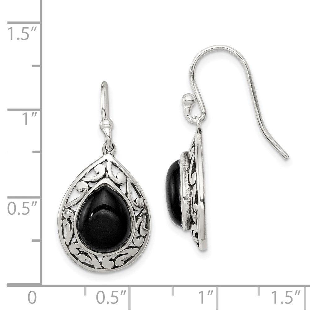 Sterlingsilber Poliert & Antikisiert Filigran Onyx Tropfen Ohrhänger
