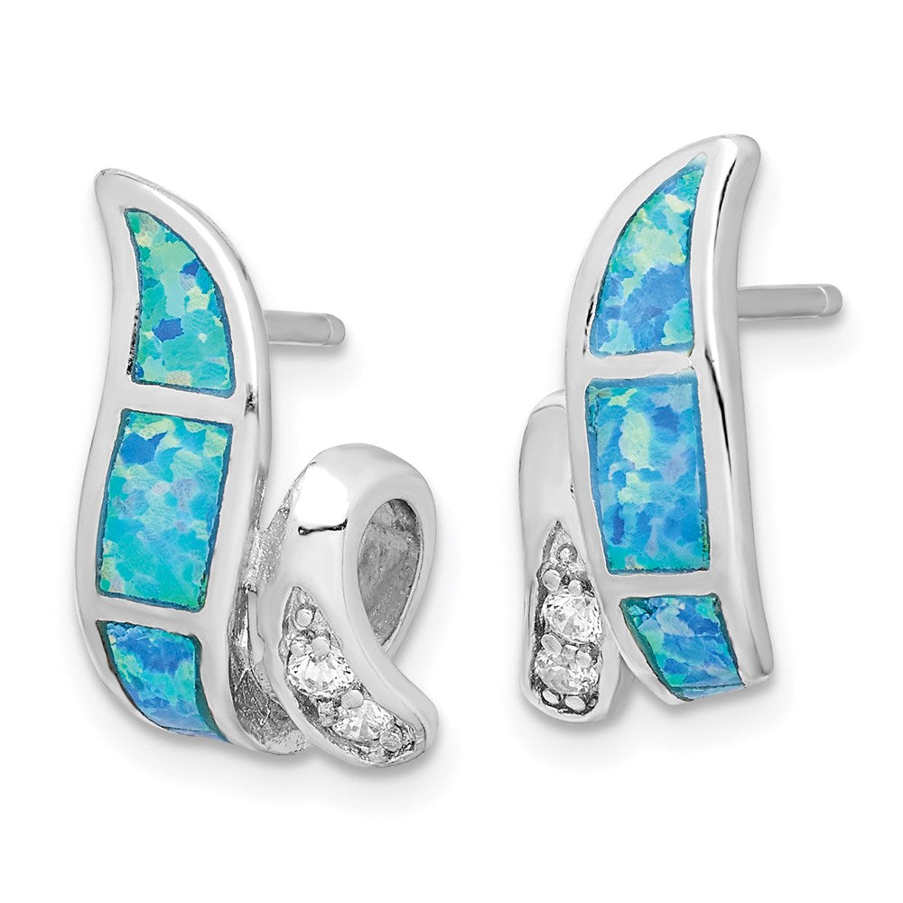 Sterlingsilber Rhodiniert Zirkonia & Blau Erzeugt Opal Gedreht Ohrstecker
