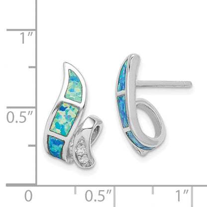 Sterlingsilber Rhodiniert Zirkonia & Blau Erzeugt Opal Gedreht Ohrstecker