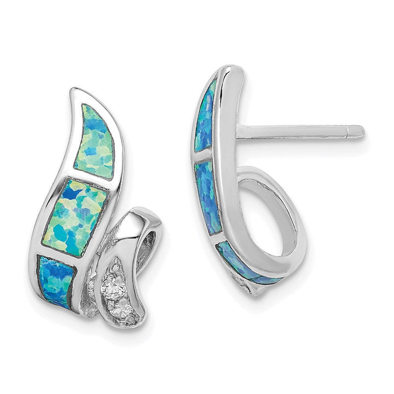 Sterlingsilber Rhodiniert Zirkonia & Blau Erzeugt Opal Gedreht Ohrstecker