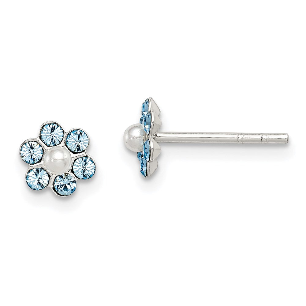 Sterlingsilber Poliert Kinder Stellux Kristall & Imitat Perle Blume Stecker Ohrring Set