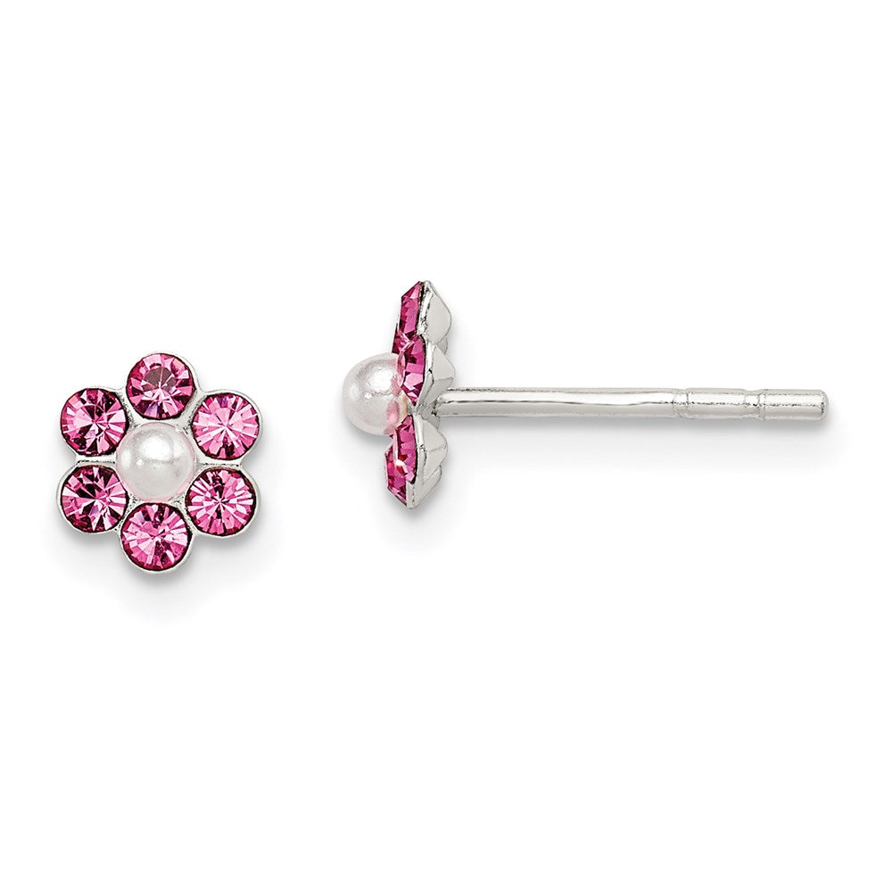 Sterlingsilber Poliert Kinder Stellux Kristall & Imitat Perle Blume Stecker Ohrring Set