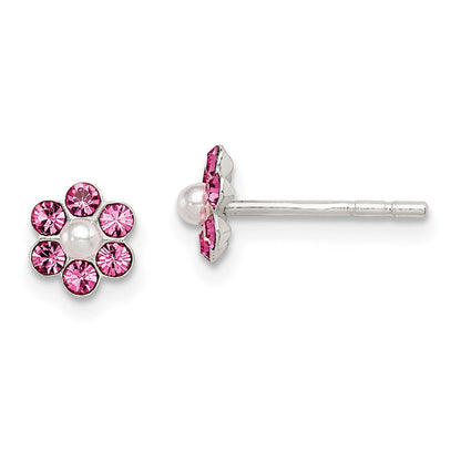 Sterlingsilber Poliert Kinder Stellux Kristall & Imitat Perle Blume Stecker Ohrring Set