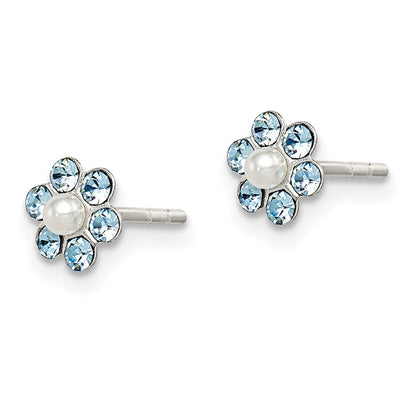 Sterlingsilber Poliert Kinder Stellux Kristall & Imitat Perle Blume Stecker Ohrring Set