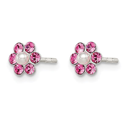 Sterlingsilber Poliert Kinder Stellux Kristall & Imitat Perle Blume Stecker Ohrring Set