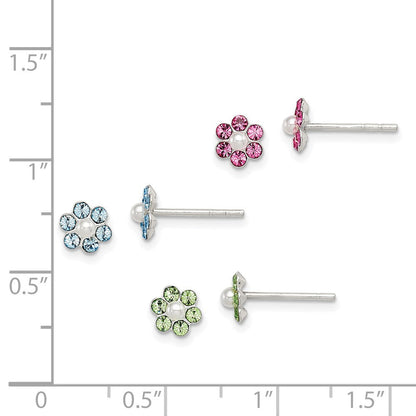 Sterlingsilber Poliert Kinder Stellux Kristall & Imitat Perle Blume Stecker Ohrring Set
