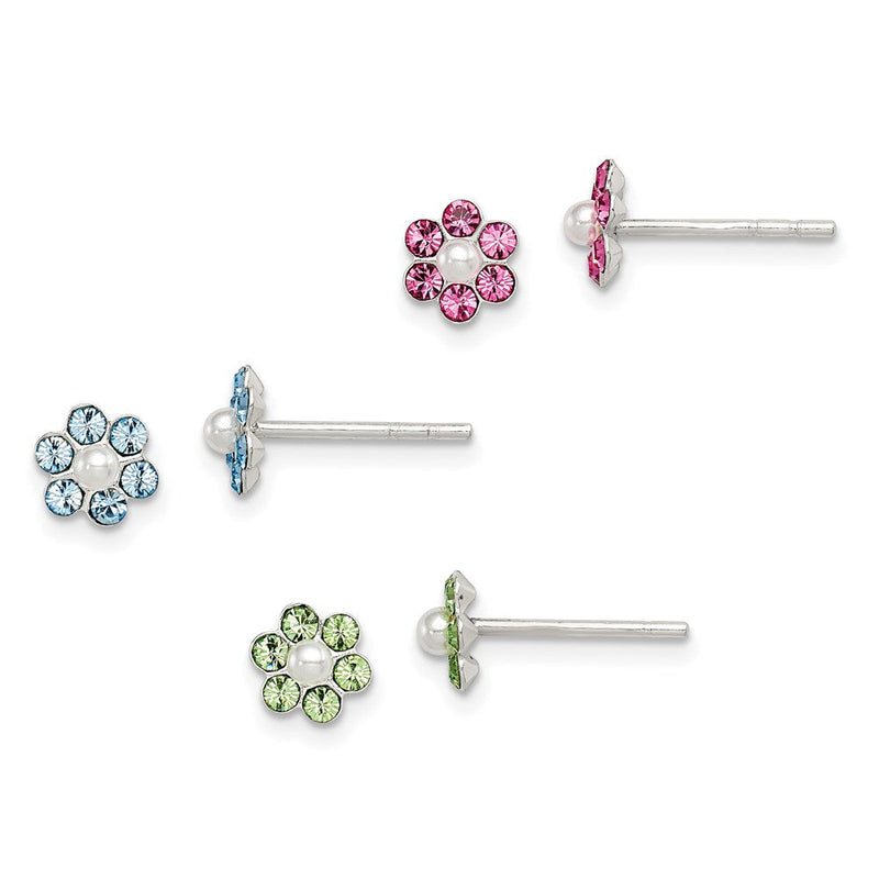 Sterlingsilber Poliert Kinder Stellux Kristall & Imitat Perle Blume Stecker Ohrring Set