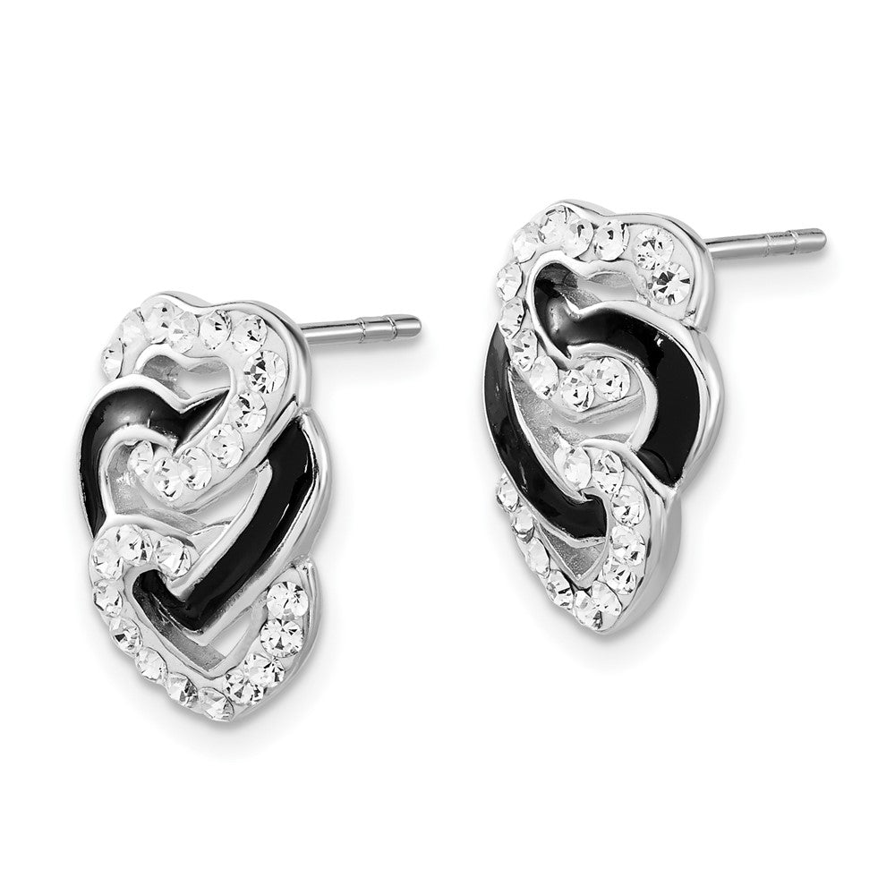 Sterlingsilber Rhodiniert Schwarz Emaille & Stellux Kristall Tri Herz Ohrstecker
