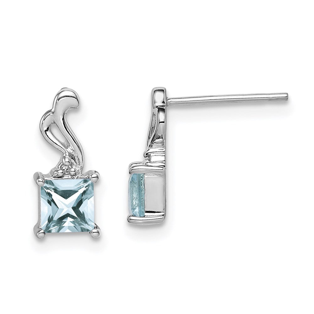 Sterlingsilber Rhodiniert Diamant. Aquamarin Quadratisch Ohrstecker