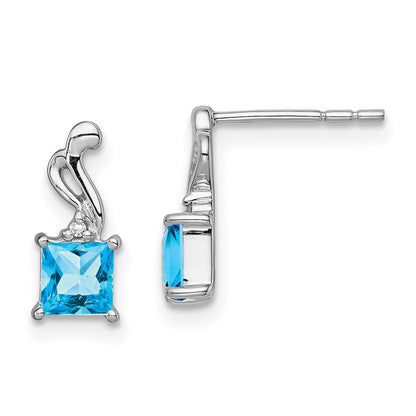 Sterlingsilber Rhodiniert Diamant und Blautopas Quadratisch Ohrringe