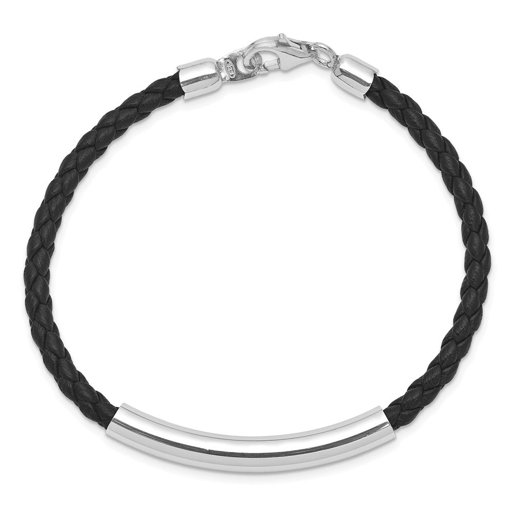 7 Zoll Sterlingsilber Rhodiniert Geflochten Schwarz Leder Armband