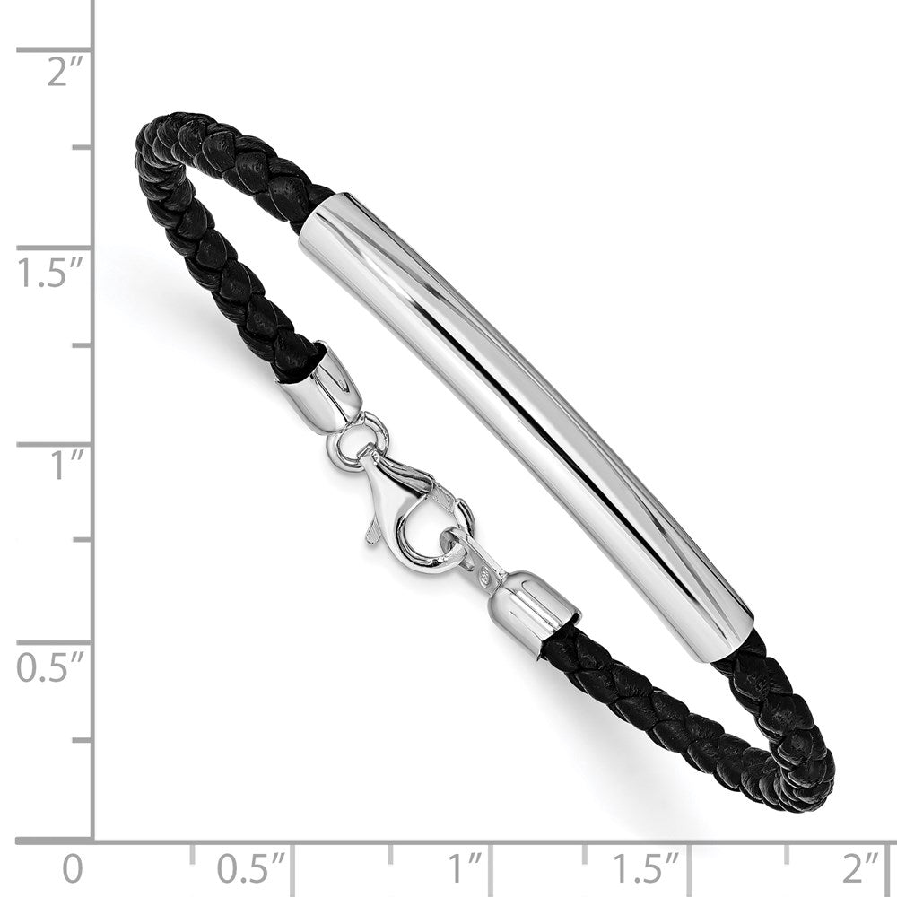 7 Zoll Sterlingsilber Rhodiniert Geflochten Schwarz Leder Armband