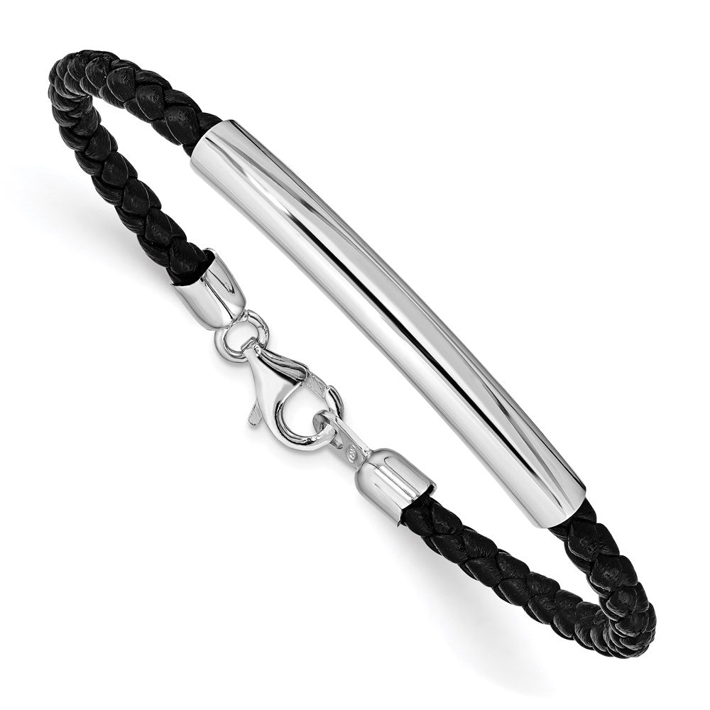 7 Zoll Sterlingsilber Rhodiniert Geflochten Schwarz Leder Armband