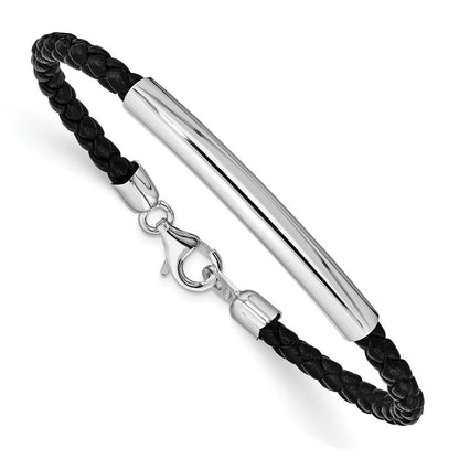 7 Zoll Sterlingsilber Rhodiniert Geflochten Schwarz Leder Armband
