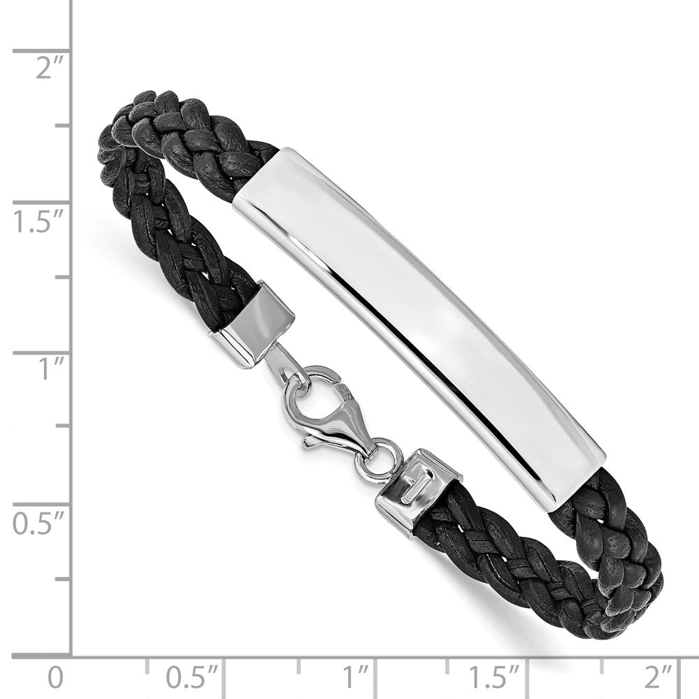 7 Zoll Sterlingsilber Rhodiniert Schwarz Geflochten Leder Armband