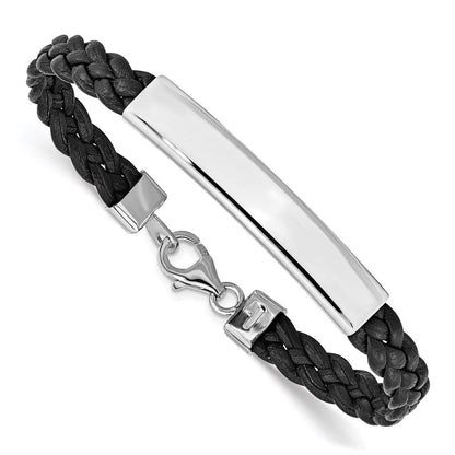 7 Zoll Sterlingsilber Rhodiniert Schwarz Geflochten Leder Armband