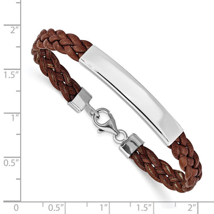 7 Zoll Sterlingsilber Rhodiniert Braun Geflochten Leder Armband