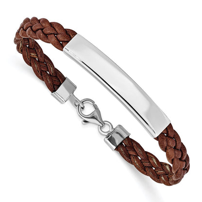 7 Zoll Sterlingsilber Rhodiniert Braun Geflochten Leder Armband