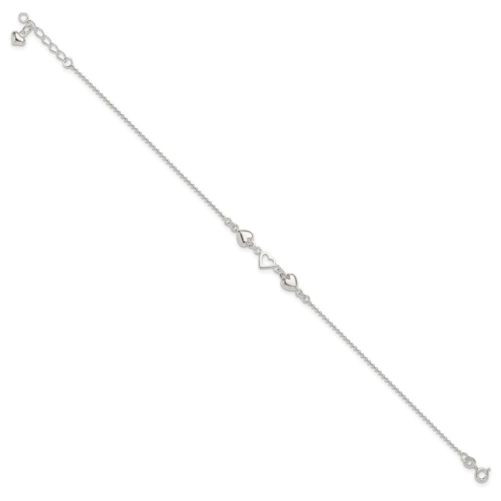 Sterlingsilber 9inch Plus 1 Zoll Verlängerung Poliert Herzen Fußkettchen