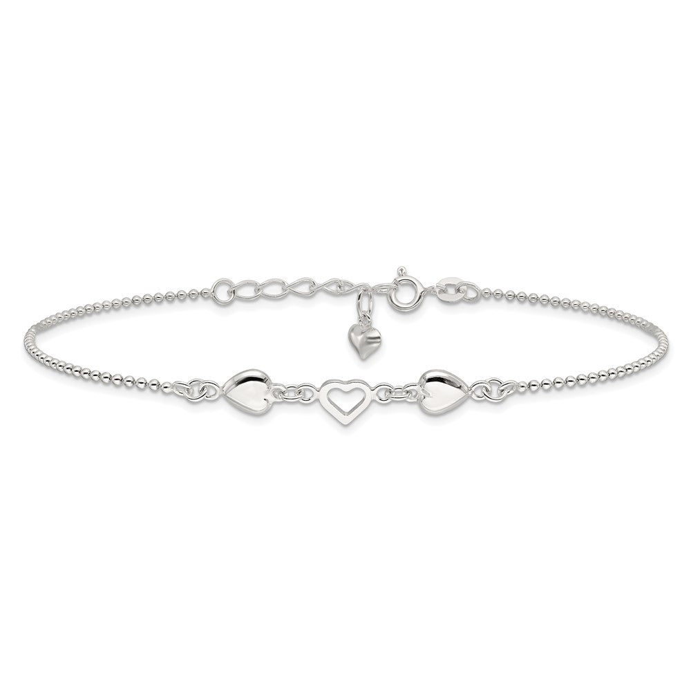 Sterlingsilber 9inch Plus 1 Zoll Verlängerung Poliert Herzen Fußkettchen